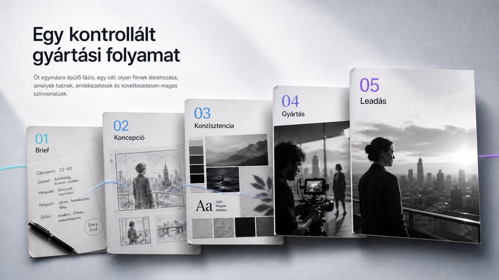 AI videókészítés a Reelusion ötlépcsős gyártási folyamatával: Brief, Koncepció, Konzisztencia, Gyártás és Leadás